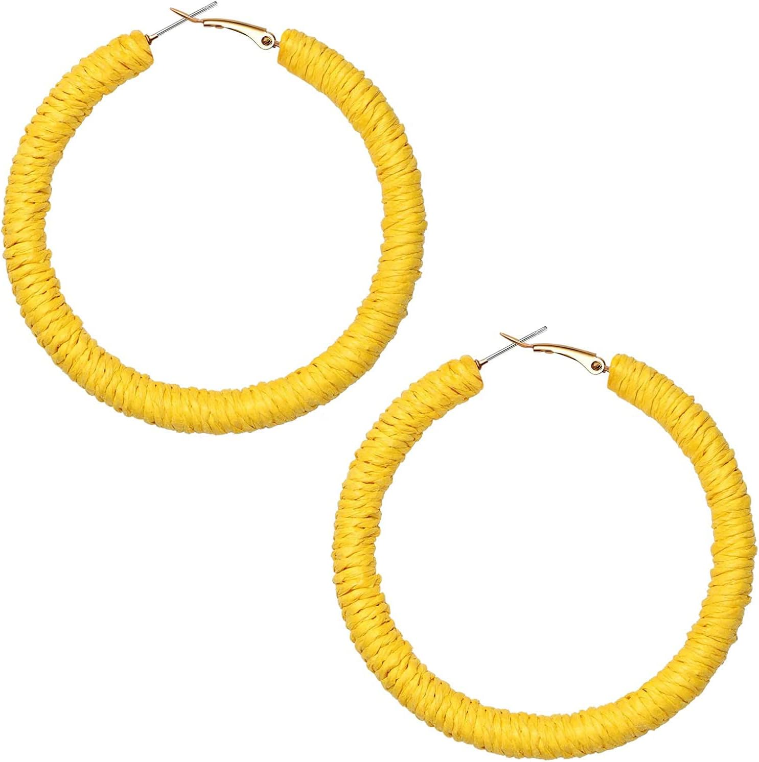 COLORFUL BLINGHandmade Rattan Earrings - Large Circle Braided Straw Wicker Drop Earrings - Light Weight Summer Hoops