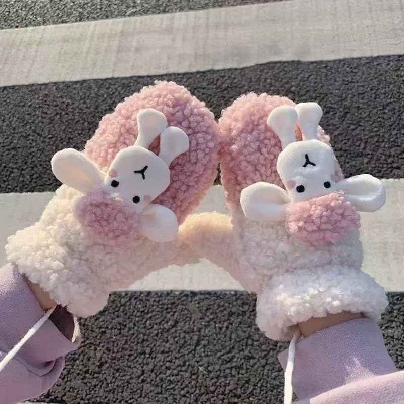 Women’s Winter Plush Mittens, Cute 3D Animal Fleece Gloves with Thick Thermal Lining and Braided Rope for Cold Weather