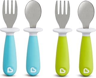 Munchkin Raise Toddler Fork & Spoon Set - 4pk BPA-Free Utensils with Rest Base, Ergonomic for 12m+ Self-Feeding, Blue/Green