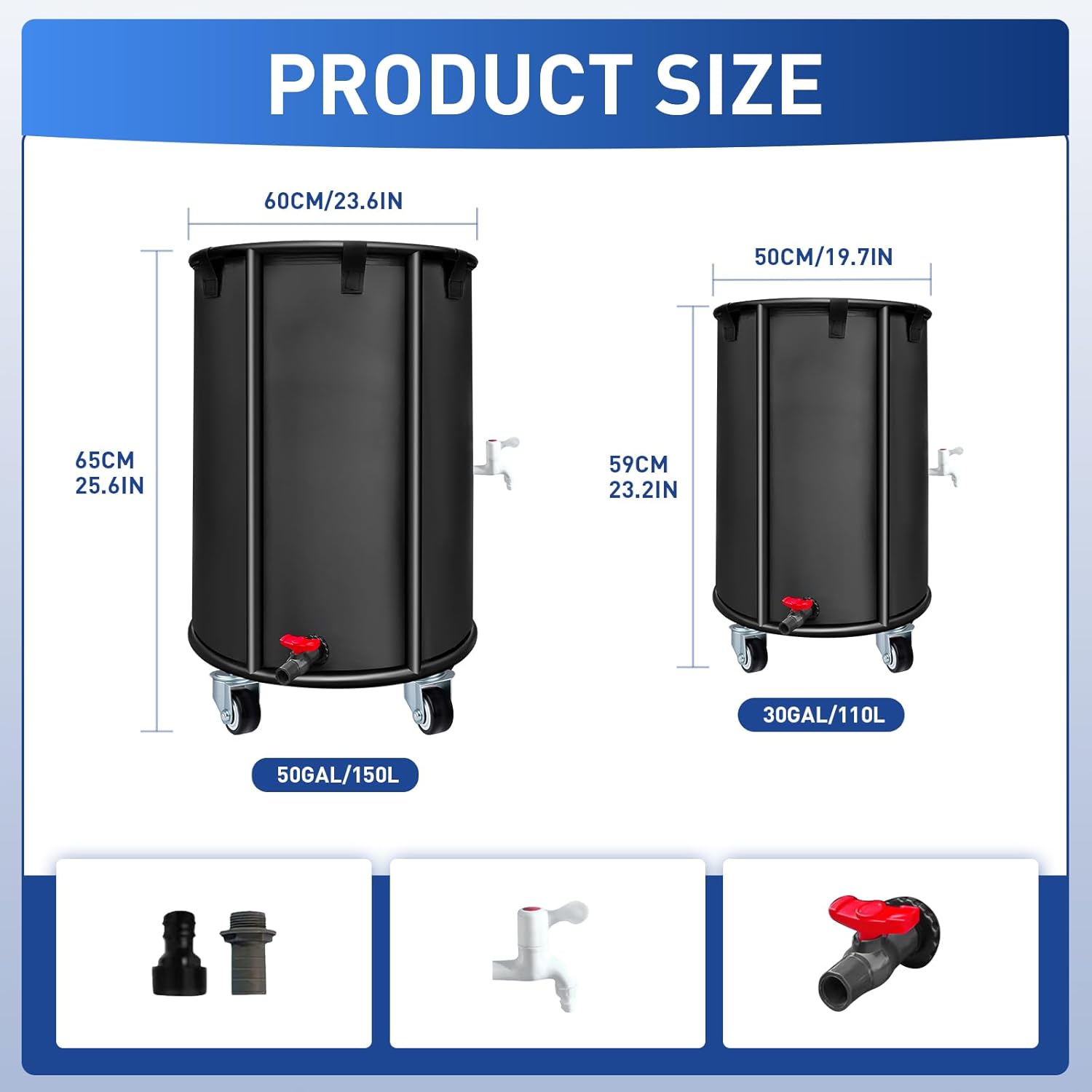 Outdoor Rainwater Collector, Mobile Portable, 50 Gallon, Black - Rainwater Collection Storage Container with Faucet, Mobile Frame, Strainer and Side Faucet