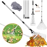 Laubrechen,Gartenrechen mit 2.15M Verstellbare Metallstange und Handschuhe,Laubbesen,Fächerbesen Metall,Laubfächer, Rasenrechen für Reinigen von Pflanzen, Rasen und Hof - 1