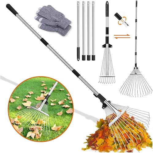 Laubrechen,Gartenrechen mit 2.15M Verstellbare Metallstange und Handschuhe,Laubbesen,Fächerbesen Metall,Laubfächer, Rasenrechen für Reinigen von Pflanzen, Rasen und Hof - 1