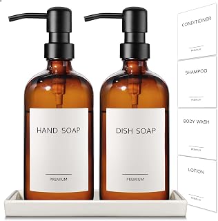 Amber Glass Soap Dispenser, Amber Soap Dispenser Set with Ceramic Tray, 2 Pack 16 Oz Glass Kitchen Soap Dispenser Set for Bathroom Decor, Brown Farmhouse Lotion Liquid Pump Bottle