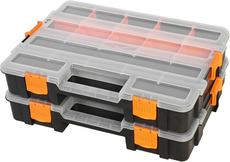 Caja de herramientas Jack Boss con tapa transparente, caja organizadora de un solo lado de 17 compartimentos con divisores extraíbles para hardware, tornillos, pernos, clavos, cuentas, joyas y accesorios de pesca, naranja, paquete de 2