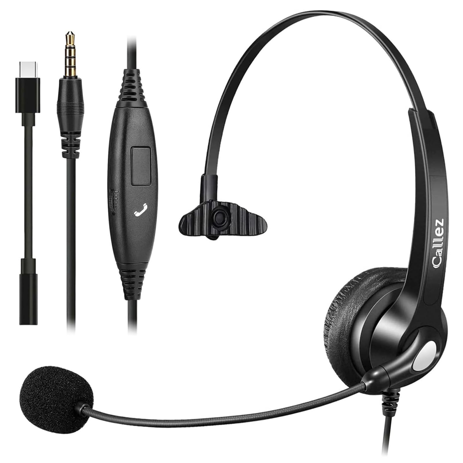 Casque Téléphone Portable Jack 3,5mm avec Micro Anti-Bruit pour PC Ordinateur Portable, Oreillette USB-C Filaire pour iPhone Android Teams Zoom Bureau Travail Visioconférence, Contrôle en ligne