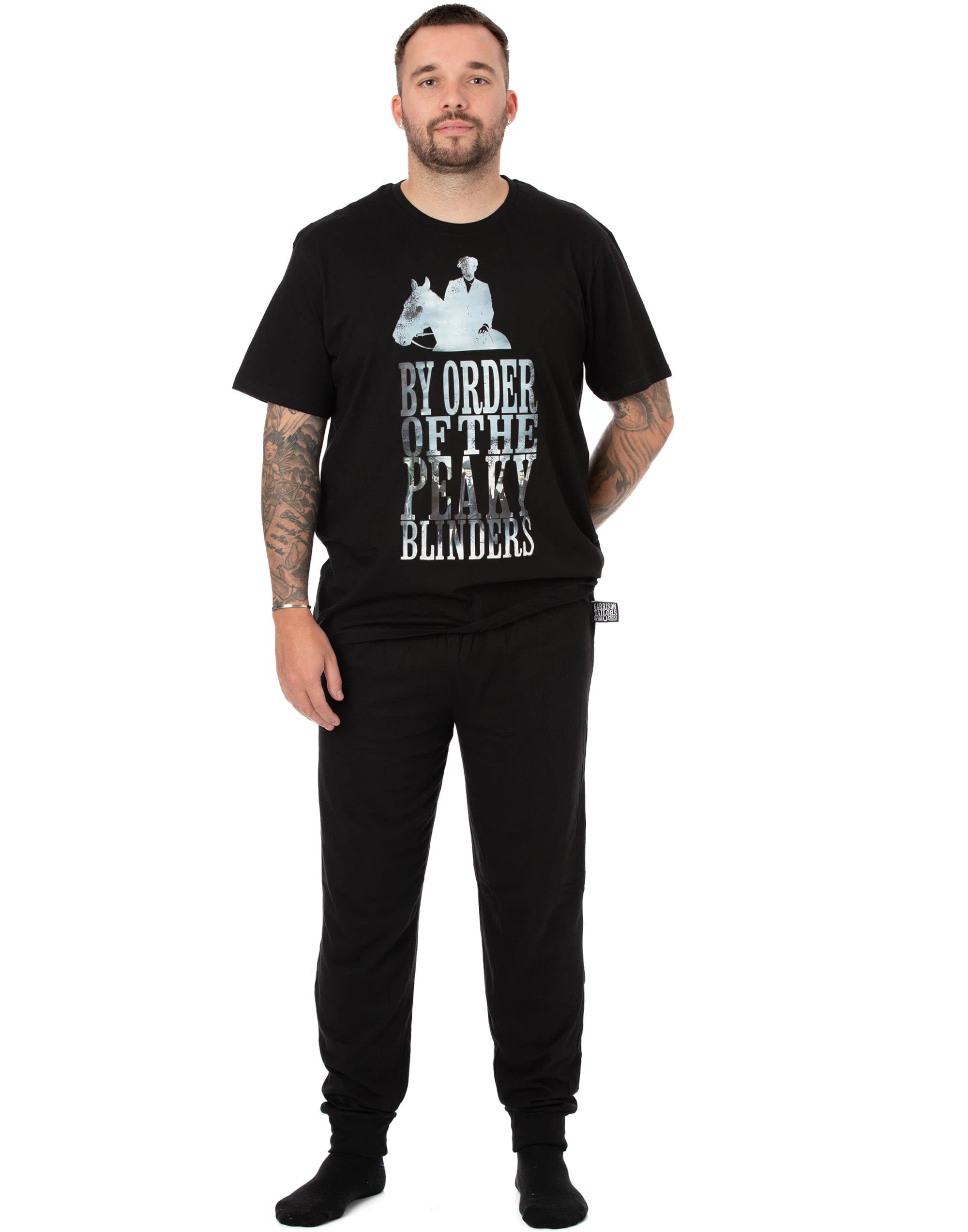 PEAKY BLINDERS Mens Pyjamas | Adults Black Lounge Pants and T-Shirt PJ Set | By Order of the Short Sleeve Tee Long Leg Bottoms Pajama Bundle | Nightwear Series Merchandise Gift for Him