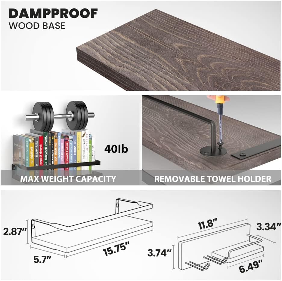 LYNNC 3 in 1 Rustic Floating Shelves, Decorative Storage Shelves with Towel Bar, Wall Mounted Shelves Holder for Bathroom, Kitchen & Bedroom - Set of 3 Shelves