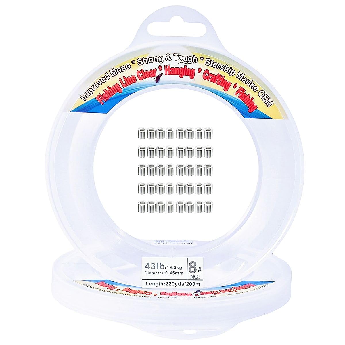 Aboda Clear Fishing Line 0.2-1 mm, Strong Invisible Nylon Fishing Wire 8-100 lb Test Includes Crimp Sleeves, Clear String for Hanging Decorations Balloons Garlands Crafts & Jewelry