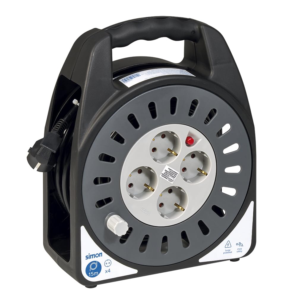 SIMON - Enrollacables Doméstico, Alargador Enchufe 15 M, 4 Tomas con Asa Transporte, Protección Sobretensiones, Apto Interiores (IP20), Enchufe Extensible, Color Negro y Gris