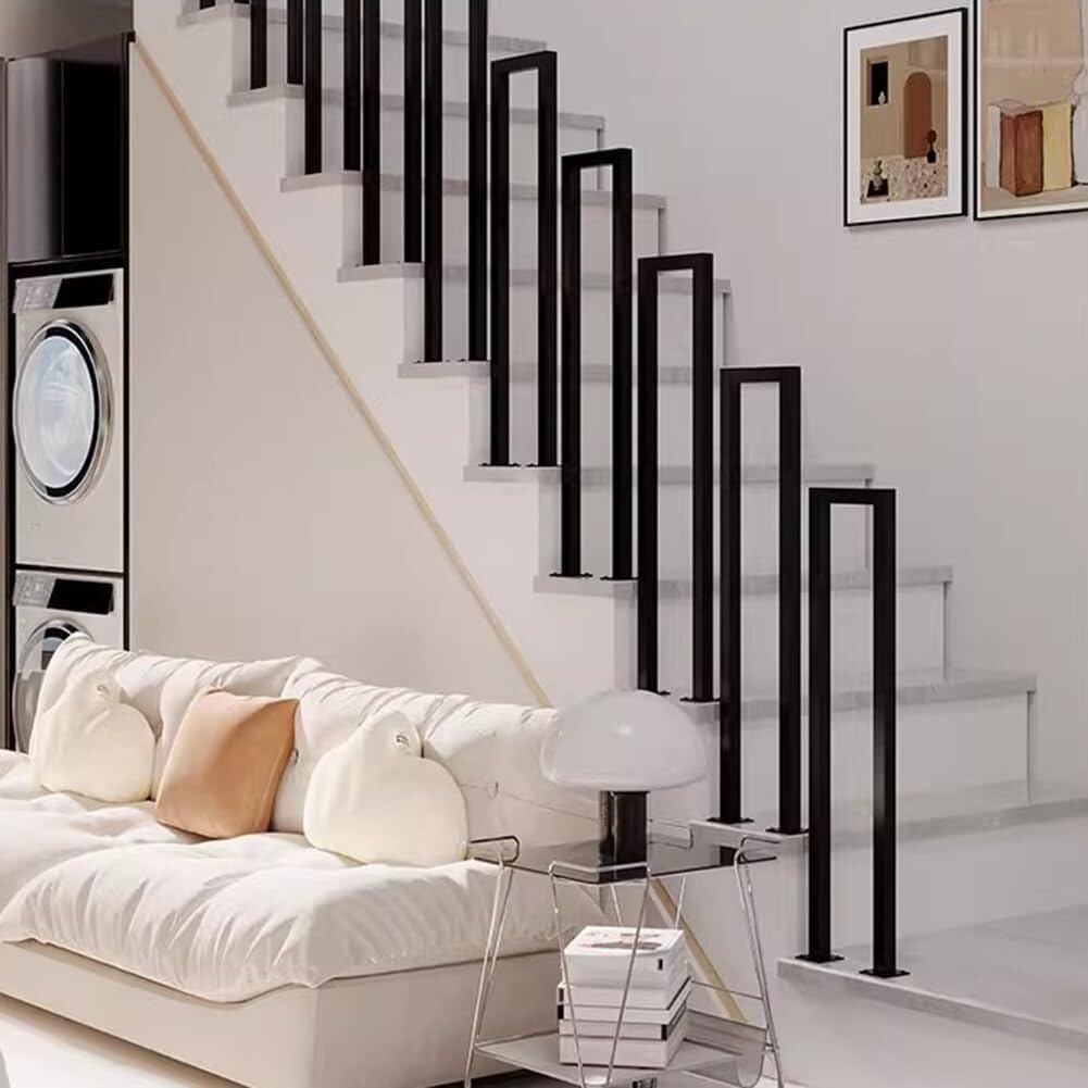 Zyntho Black U-Shaped Stairs Handrail, Outdoor Indoor Wrought Iron Hand Rail Guardrail, 1.1/1.5/1.8/2.1/2.5/2.8/3.1/3.3Ft Handrail Guardrail, For Porch, Loft, Corridor, Garden Fence Armrest(,95Cm/3.1Ft)