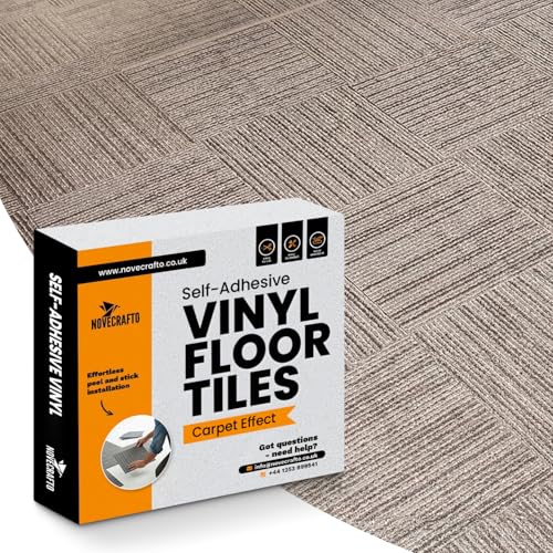 NOVECRAFTO Vinyl Floor Tiles Self-Adhesive – 60 Pack, 30 x 30cm (5.57m² Coverage) Carpet Effect Peel & Stick Floor Tiles – Easy to Clean Durable Vinyl Flooring for Kitchen, Living Room & Office(Beige)