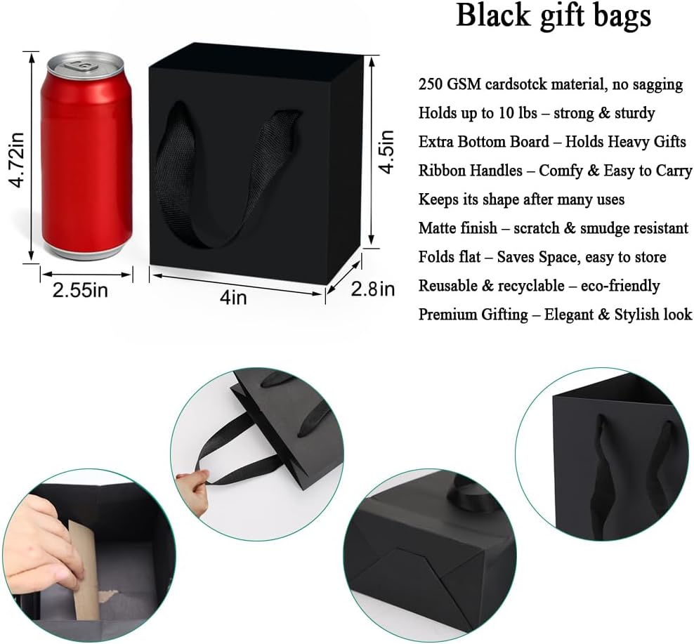 Aosric Black Gift Bags with Tissue Paper, 20 Pack, 4 x 2.8 x 4.5 Inch image 3