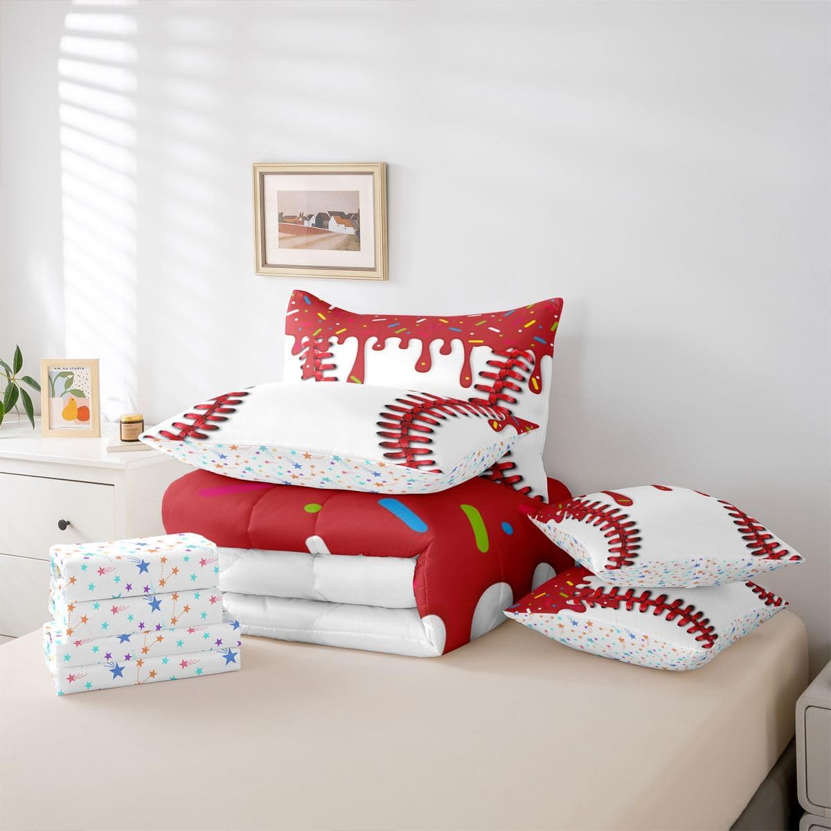 Full Size Baseball Cream Bed in a Bag Ice Cooling 7 Piece Bedding Set For Kids Women Men Ultra Sport Baseball Comforter Set with Sheets,Pillowcases & Cushion Cover Red White Room Decor Microfiber