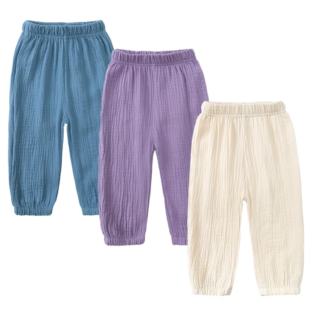 Kids Tales 3 Pack Boys Girls Cotton Linen Pants Child Basic Plain Solid Trousers Big Kids Elastic Waist Long Pants Bloomers