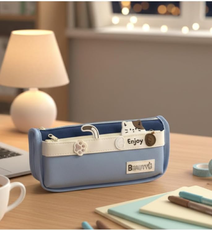 Kawaii Kore Tarzı Sevimli Figürlü Çok Amaçlı Kalem Çantası, Mavi