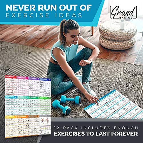 12-Pack Laminated Large Workout Poster Set - Perfect Workout Posters For Home Gym - Exercise Charts Incl. Dumbbell, Yoga Poses, Resistance Band, Stretching, Kettlebell & More Fitness Gym Posters