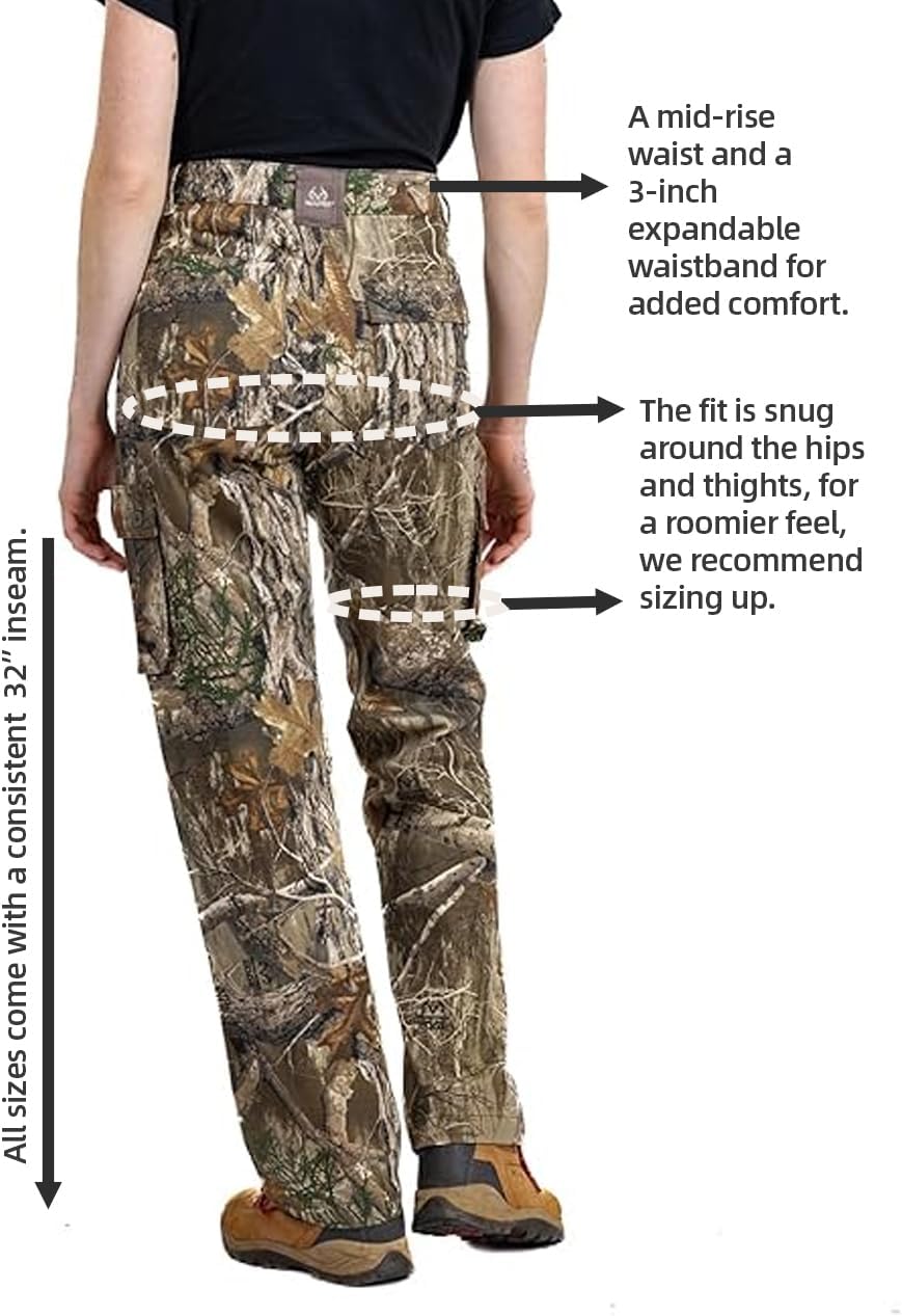 Realtree Women’s Camo Hunting Cargo Pants - Lightweight Cotton 6 Pockets Mid-Rise Slim Fit