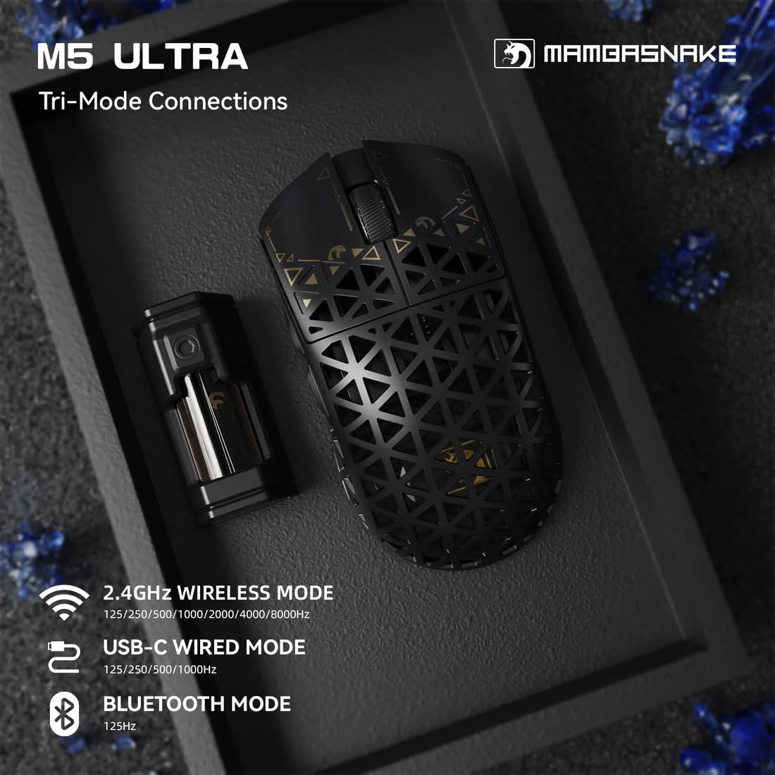 MAMBASNAKE M5 Ultra Carbon Fiber 8000Hz Wireless Gaming Mouse, 39g SUPERLIGHT, 42000DPI, PAW3950MAX Sensor, Nordic 52840 Chip, Bluetooth/2.4G/USB-C Wired Mice with Mouse Coiled Cable, for PC/Mac