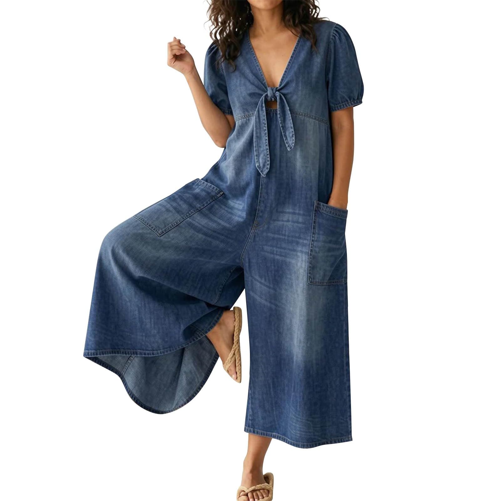 Tuta da donna in jeans lunga, a gamba larga, con pantaloni