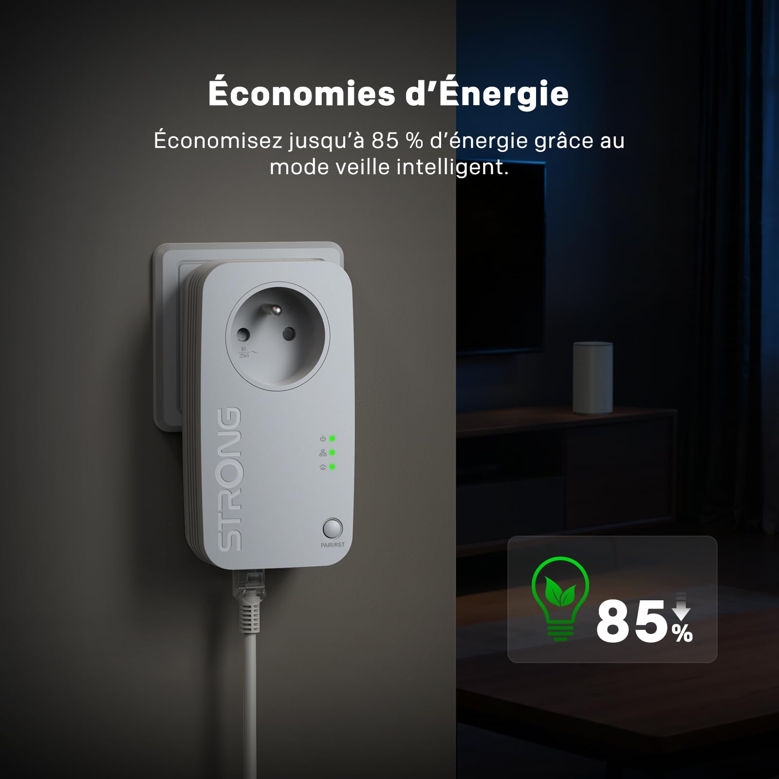 STRONG CPL AV600 Mbps, Prise Intégrée, Box CPL HomePlug AV2, Plug & Play, Compatible avec Toutes Les Box, Port Ethernet 100 Mbps, Mode économie d’énergie, Idéal pour Multi-TV, PC, Kit de 2 (PL600S)
