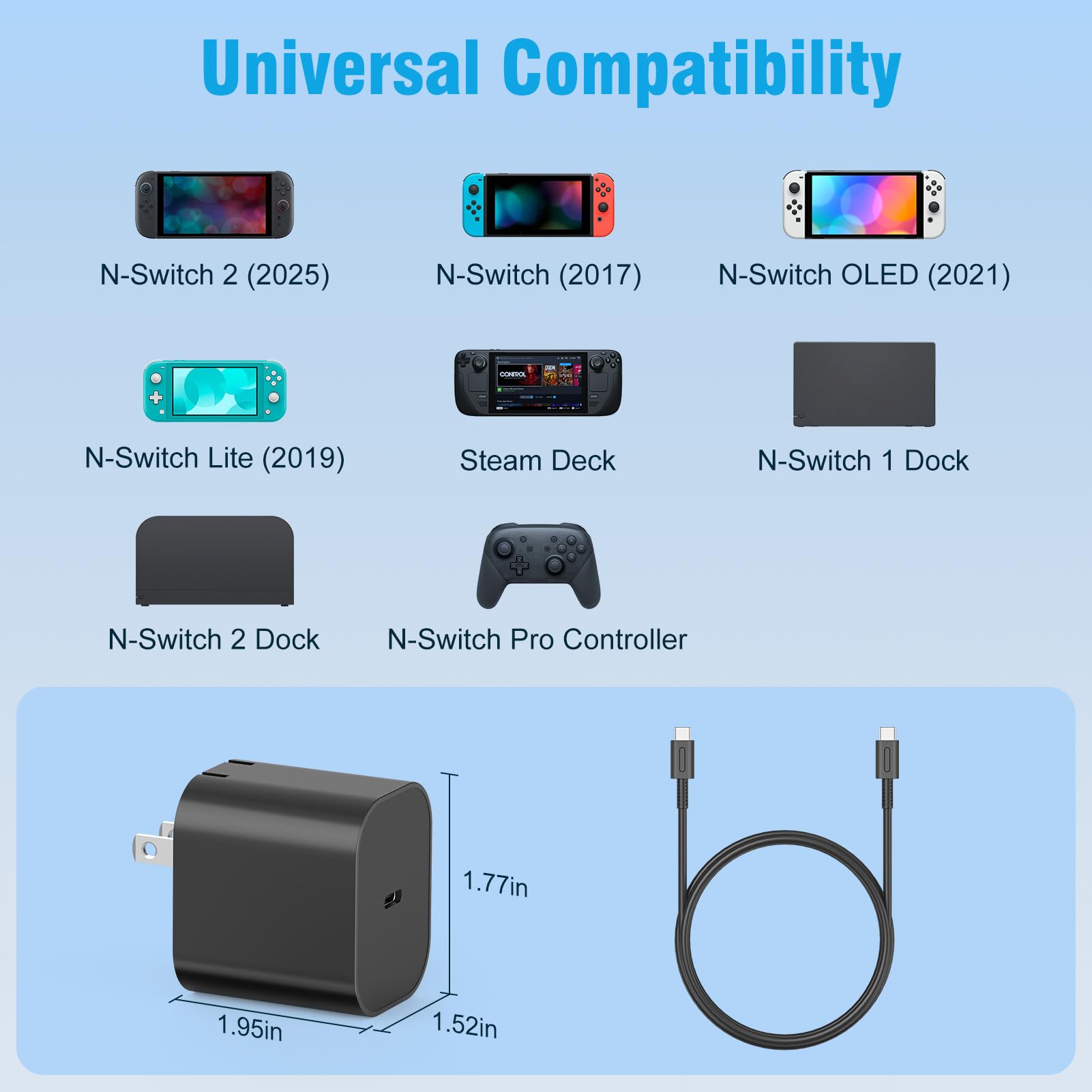 Charger for Nintendo Switch 2-20V 3A 60W AC Adapter Fast Charging with 5FT USB C Cable - Compatible with Switch/OLED/Lite/Steam Deck, Support 4K TV Mode, Foldable Plug - 5