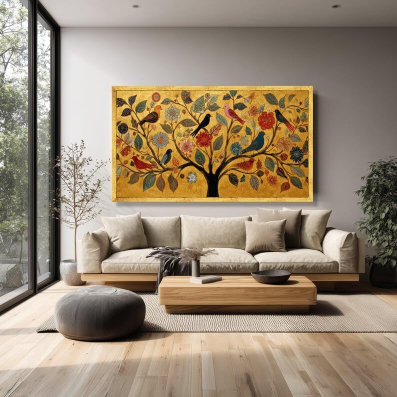 Tableau toile arbre oiseau multicolore 50x90cm avec cadre intérieur