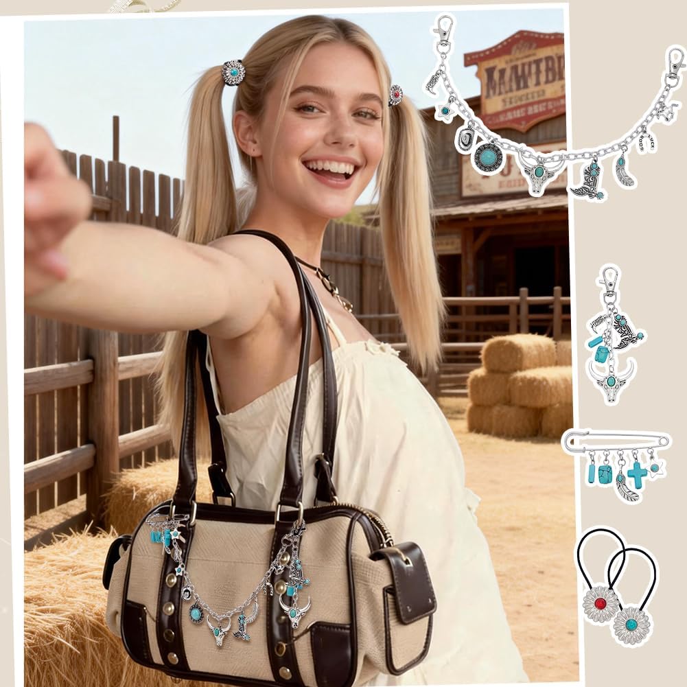 PH PandaHall 5 in 1 Turquoise Bag Charms, Western Cowboy Bag Decorative Chains Keychain Bag Chain Brooch Hair Rope Set Bag Accessories Charms for Crossbody Shoulder Bag Handbag Car Jewellery image 5