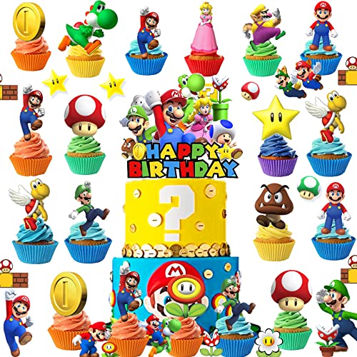 25 Stück Super Mario Cupcake Toppers, Super Mario Kuchen Deko, Super Mario Geburtstag Deko, Mario Figuren Cake Topper, 1 x Happy Birthday Kartenhalter, Geeignet für Babyparty, Kindergeburtstagsfeier