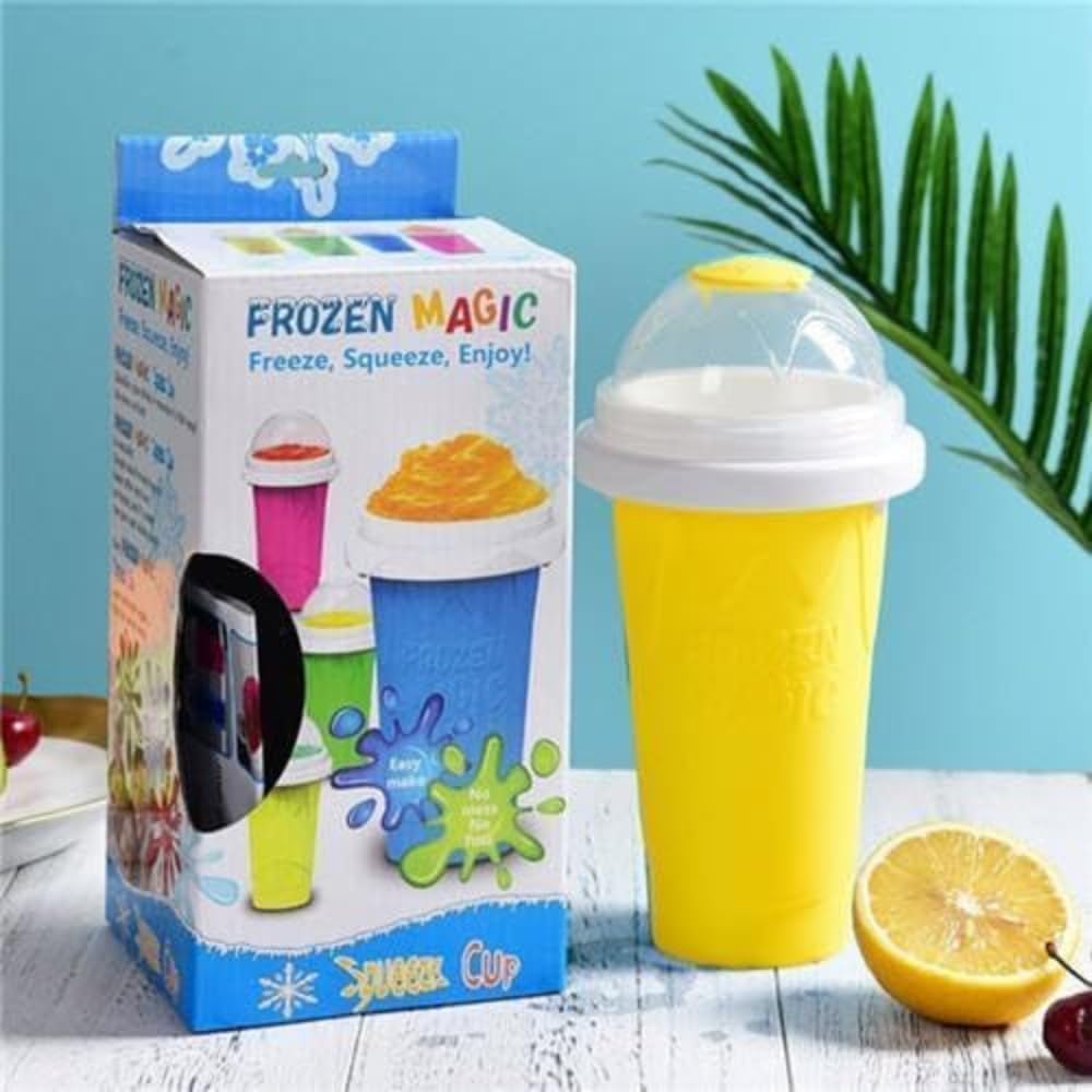 Slushy Maker Cup 15.8oz, Magic Slushy Squeeze Cup for Homemade Frozen Smoothies, Milkshakes & Slushies, Double Layer Silicone DIY Frozen Drink Maker for Kids & Family (Yellow)