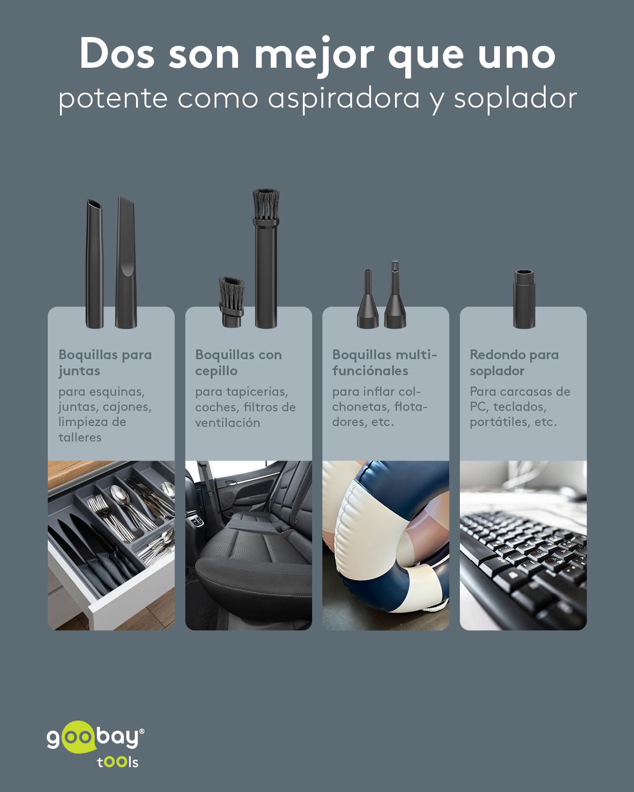 goobay Mini aspiradora inalámbrica con batería Recargable, 120 W, 3 Niveles de Potencia, 7 boquillas y 3 cepillos, función sopladora, Filtro Lavable, para Coche, Oficina y hogar, Negra, 77829