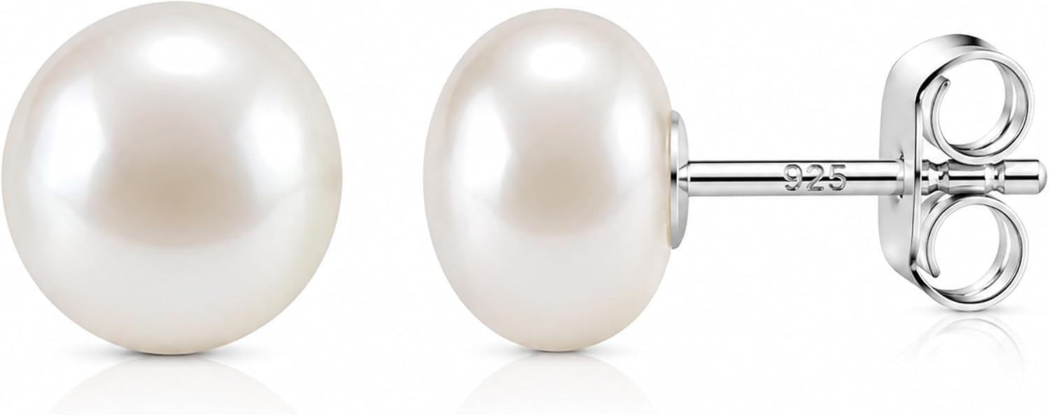 White Gold Plated Solid Sterling Silver White Button Pearl Earrings, 5A+ Grade Handpicked Freshwater Pearl Stud Earrings for Women, 3-11mm, Gift for Women