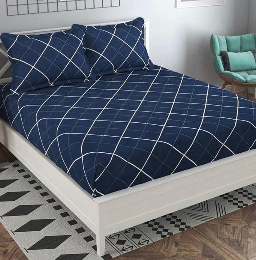 Image of Glace Cotton Double Bedsheet 90x90 Inch with 2 Pillow Covers 18x28 Inch - Navy Blue Diamond Grid Print Bed Sheet Set - Soft Flat Bedcover for Double Mattress Bedroom Hostel Room - Navy Lines