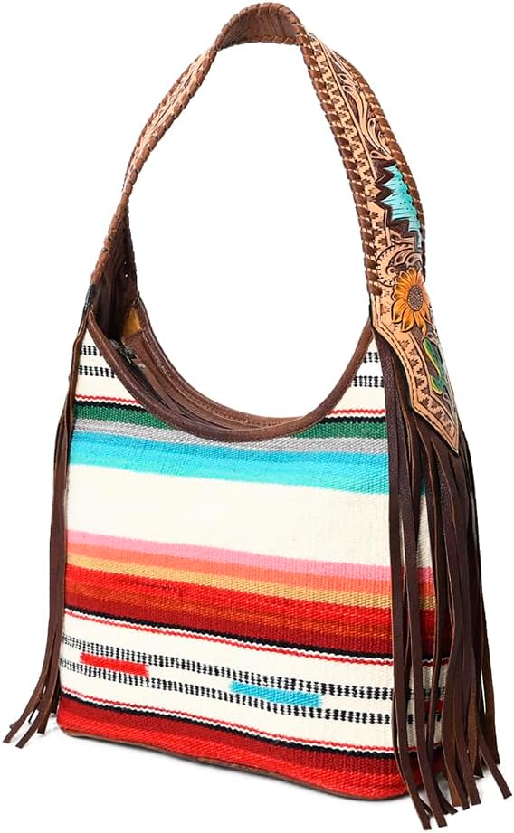 American Darling Hobo Bag for Women, Hand Tooled Floral Leather & Hair-On Cowhide Western Purse with Fringes & YKK Zipper
