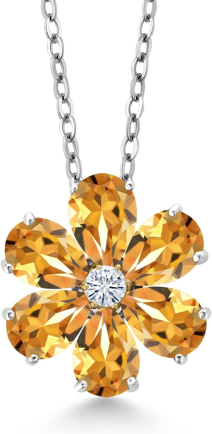 Gem Stone King Pear Shape Flower Pendant Necklace for Women | Gemstone Birthstone Petals and White Moissanite Center | 925 Silver and 10K Yellow Gold | Pear 6X4MM & Round 2.5MM | With 18 Inch Chain