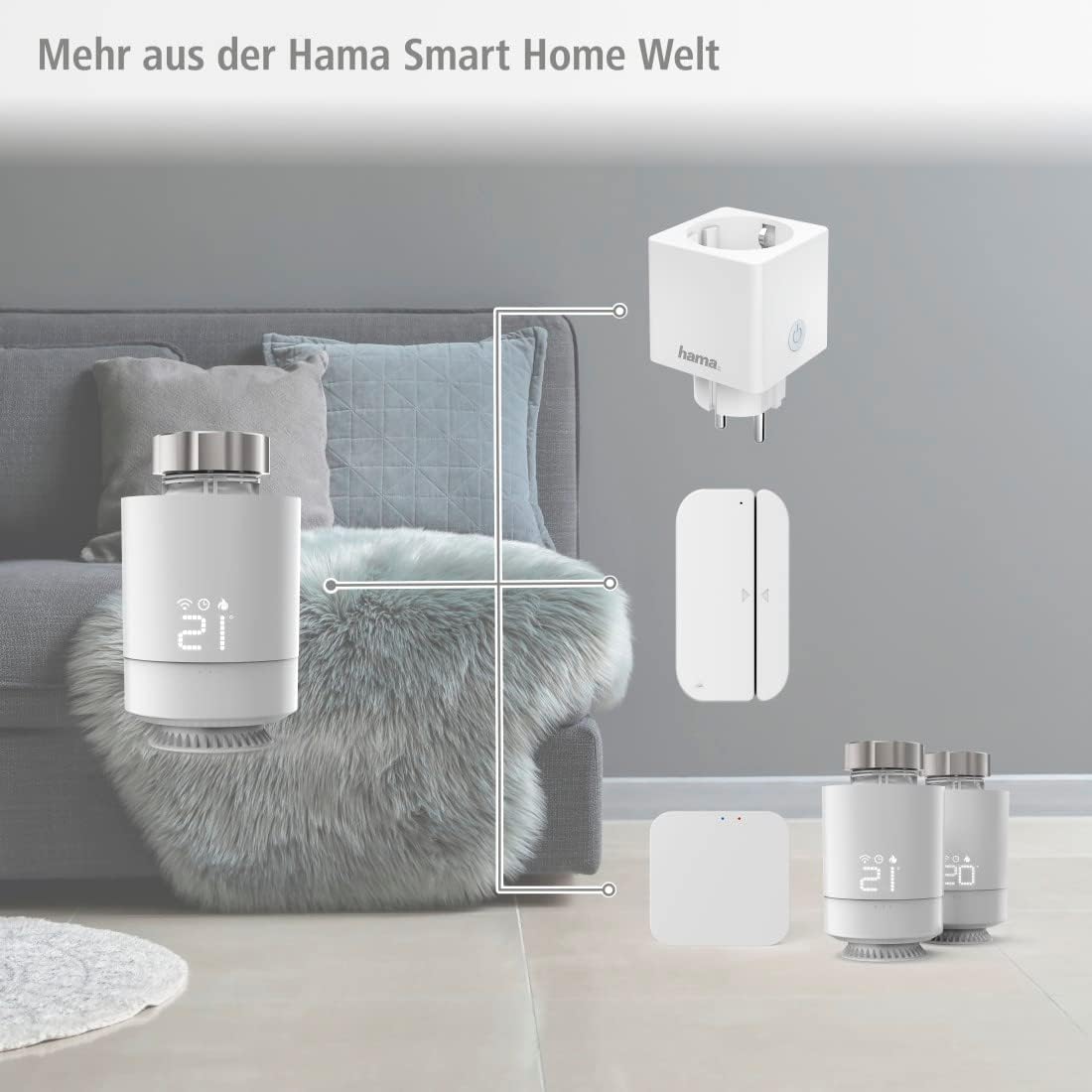 Diagram showing Hama Smart Home ecosystem with thermostat, hub, smart plug, and sensor