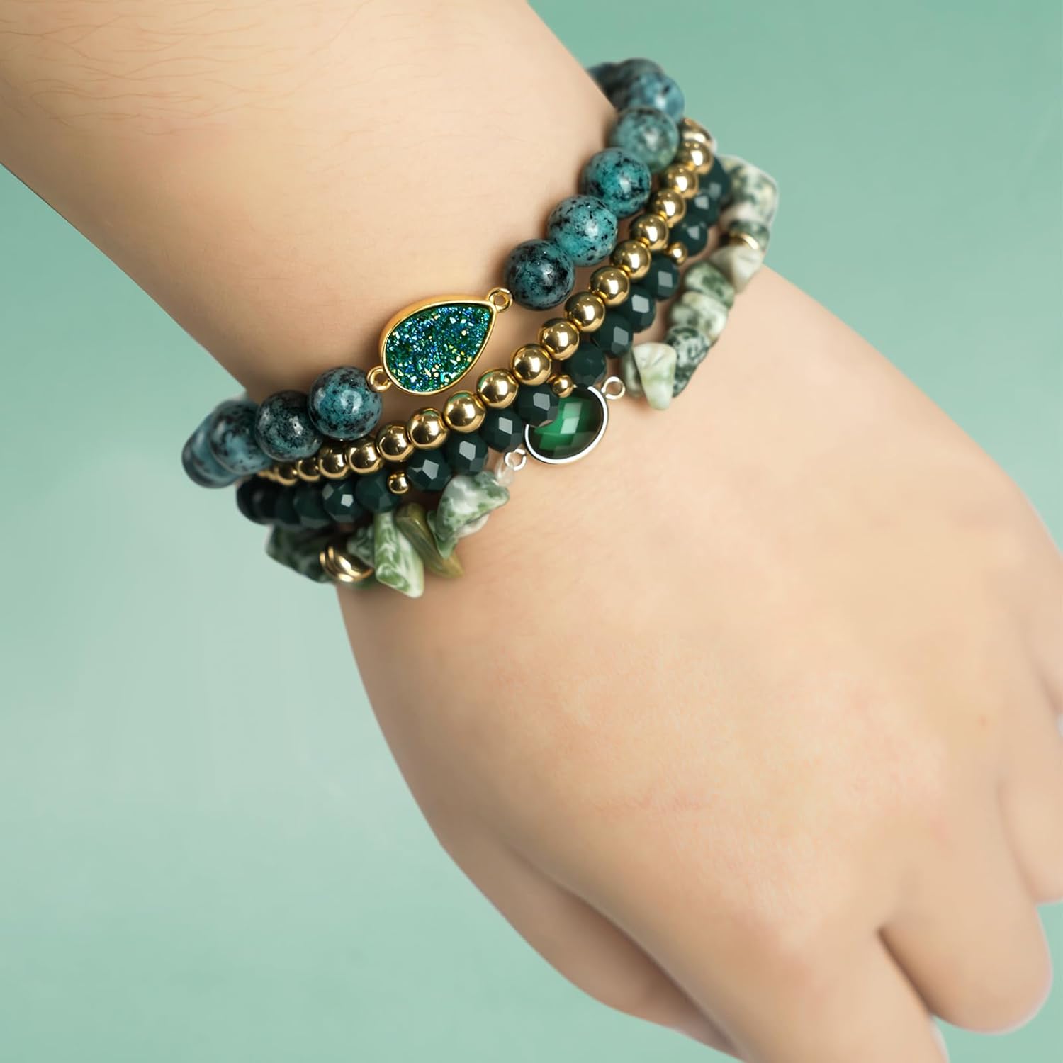 Bohemian Natural Stone Beaded Bracelets for Women Men Stackable Stretch Beads Bracelet Set with Charm and Tassel Multilayered Elastic Gemstone Bracelets Summer Beach Boho Jewelry Gift for Women - Image 6