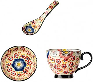 499 ml bohemisk keramisk kaffemugg set med locksked, handmålad polerad stil stor Bobo cappuccino mugg mikrovågsugn diskmaskin säker vintage blommig mugg för kontor heminredning gåva till kvinnor mamma