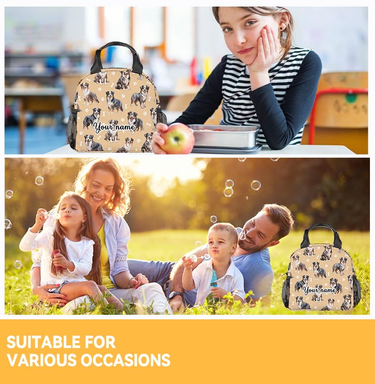 AIOMXZZ Customized Australian Shepherd Lunch Bag for Girls Boys, Small Lunch Bag Insulated, Cute Reusable Lunchbox for Kids, Brown Freezable Lunchbags for School Work