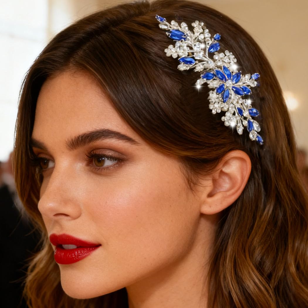 Blue Crystal Bride Wedding Hair Comb Silver Rhinestone Flower Bridal Hair Pieces Hair Accessories for Women (Blue)