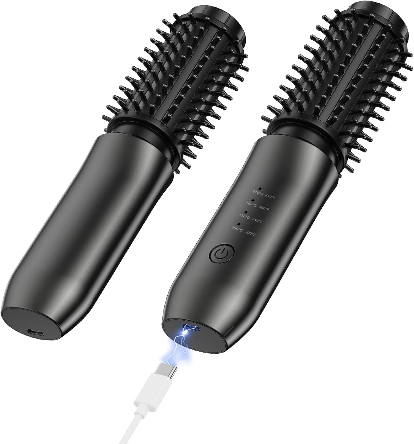 Cordless Curling Iron Brush, 1.5 Inch Mini Travel Hair Curler with 200 Million Negative Ions, Portable Heated Round Straightener Brush Rechargeable for Curl, Touch-Up, De-Frizz, Styling, Black