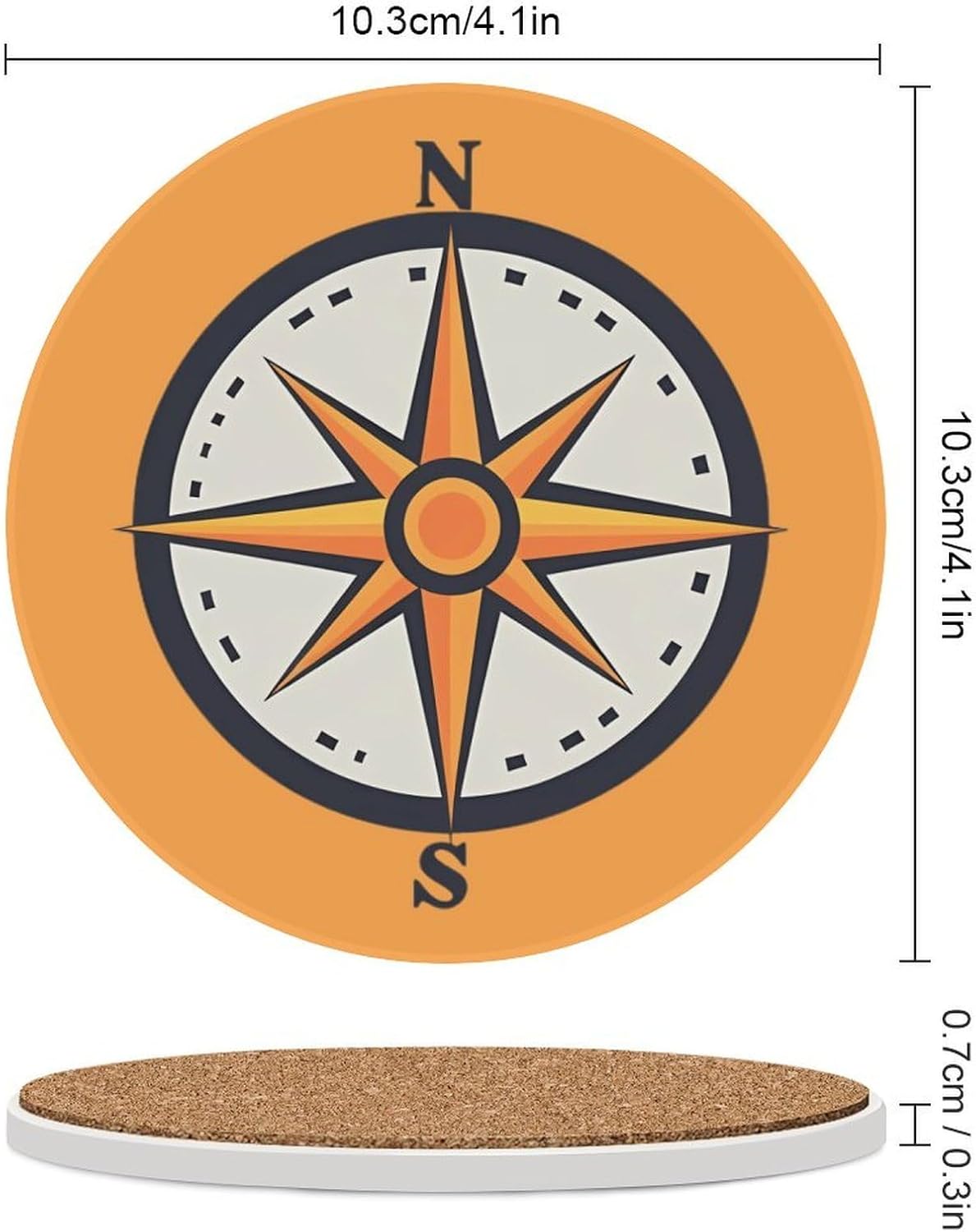 Nautical Compass Round Ceramic Coasters for Drinks Absorbent Cup Holder Tabletop Protector with Cork Base