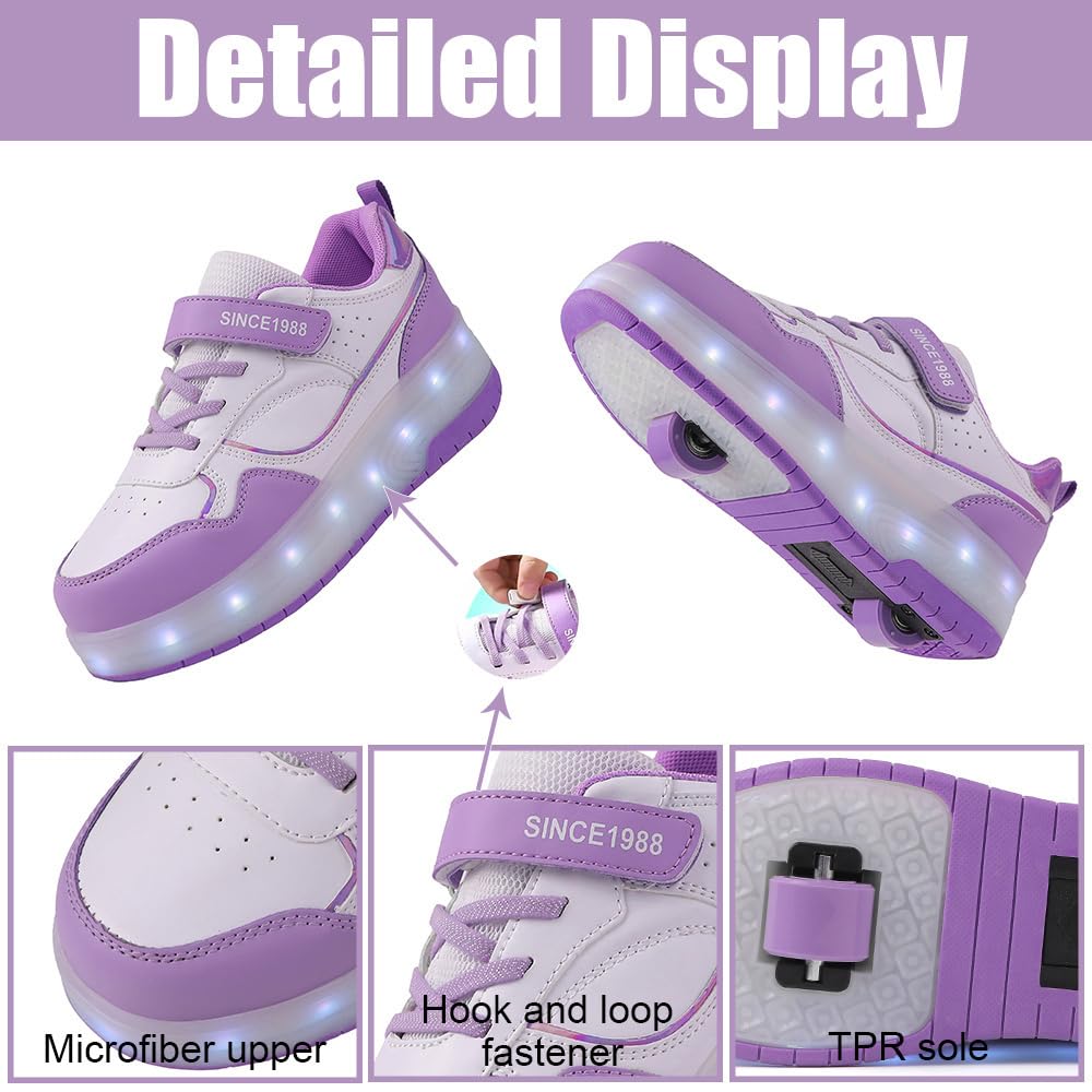 Hixingo Zapatillas con Ruedas Niño Niña, Blanco Zapatos con Dos Ruedas para Niñas 2 en 1 Zapatillas Patines Zapatillas Ruedas Niño, Zapatos Patines Calzado de Skateboarding Multifuncionales