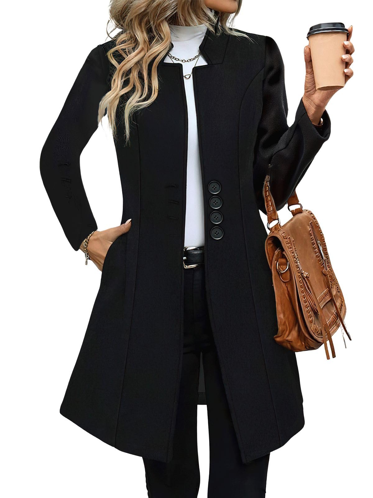 ebossy Womens Elegant Wool Long Blazer Notched Lapel Single Breasted Open Front Slim Work Winter Warm Coat with
