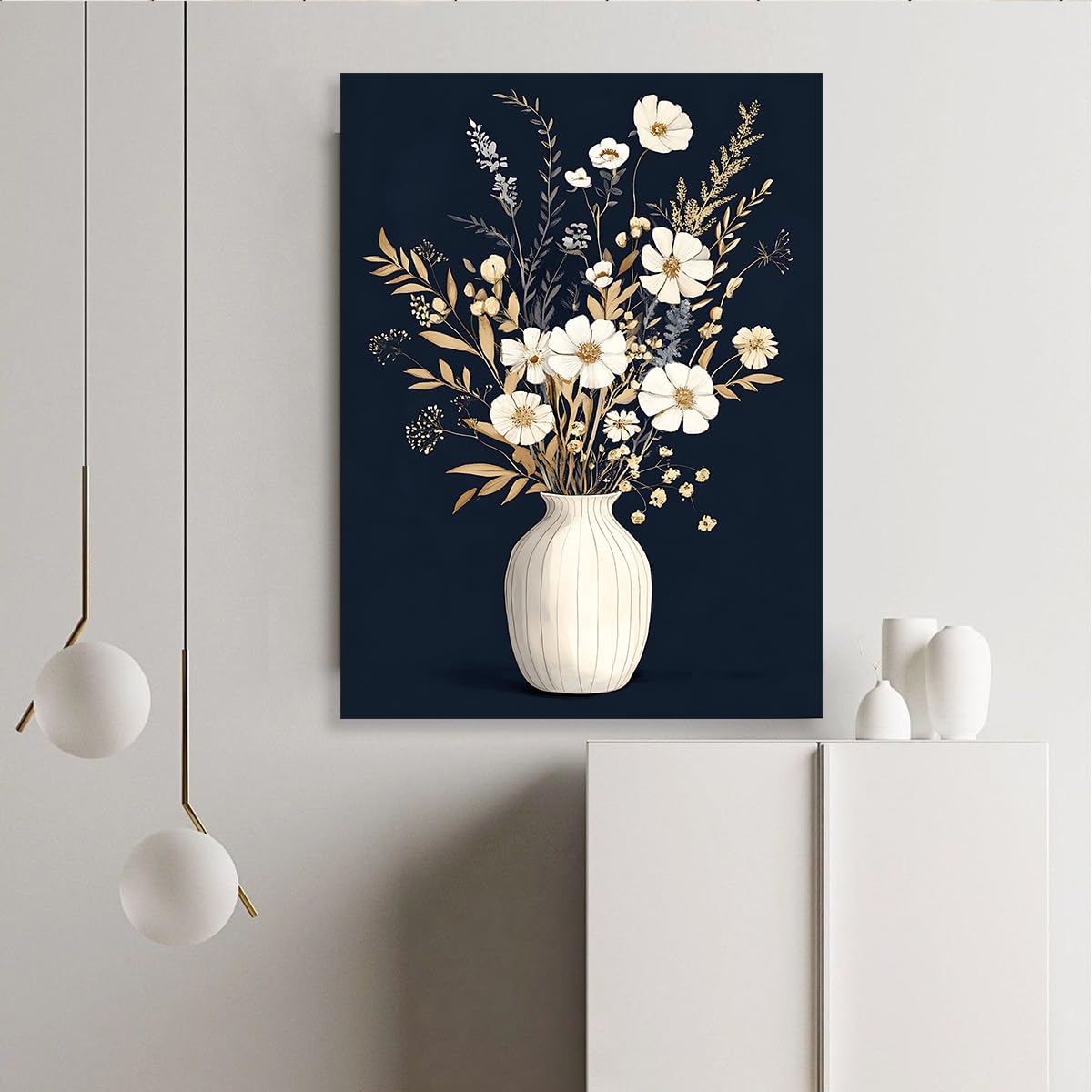 SHENGPOSTER Wazony z suszonymi kwiatami na płótnie nowoczesna minimalistyczna sztuka na płótnie, granatowe tło gotowe do zawieszenia do salonu, studia, rama wewnętrzna 35 x 52 cm