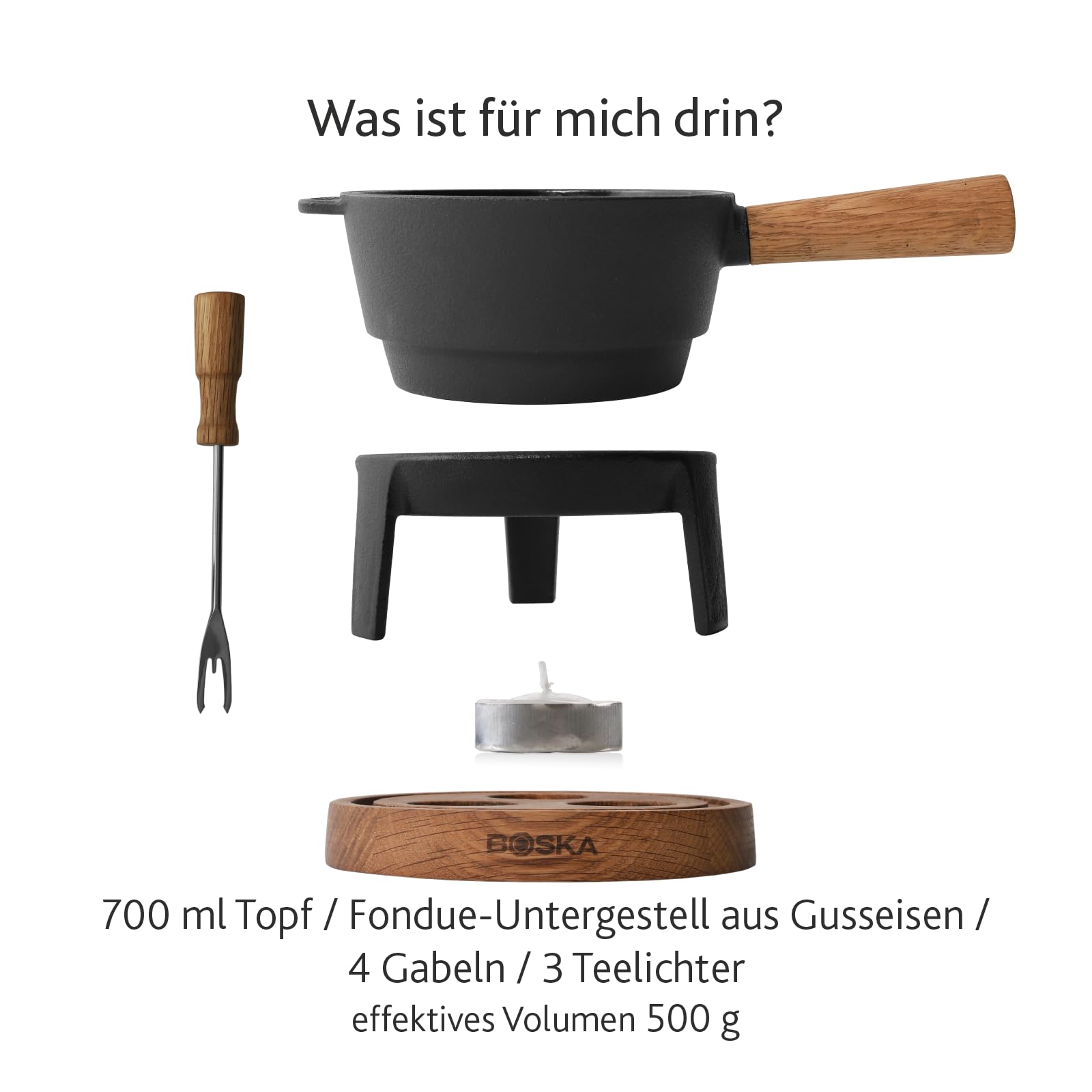 BOSKA Fondue Set Pro S - 2 bis 4 Personen - Käsefondue Teelichter mit Stil - 700 ml Inhalt für 350 gr Geschmolzenen Käse [Ink. Fonduegabeln] [Stabile, Eichenholz und Edelstahl]