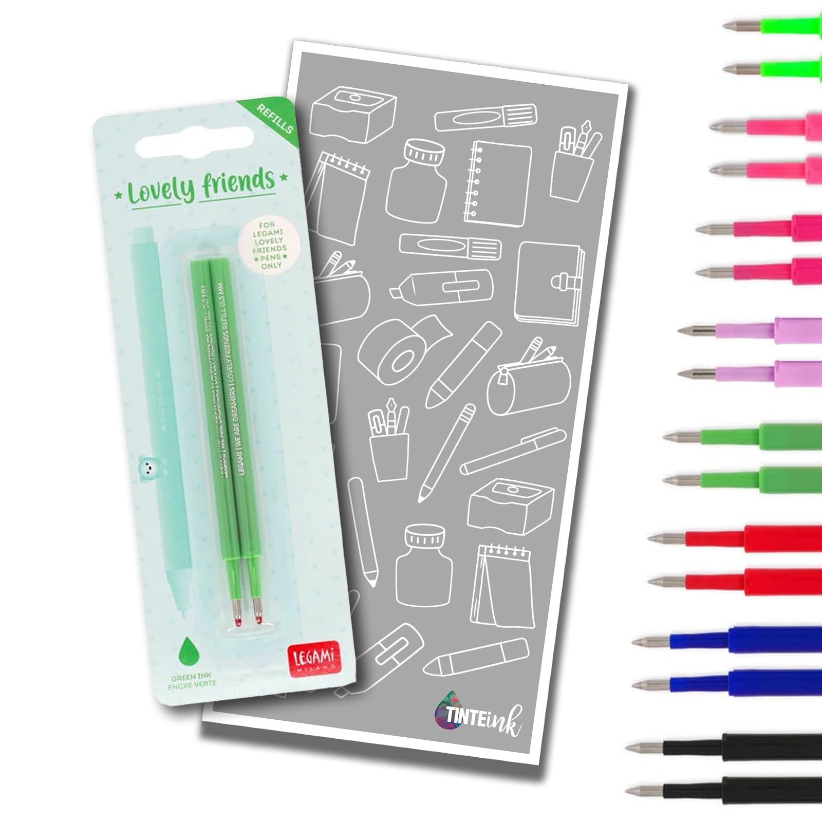 Legami Pen Refills for Lovely Friends Pen Range with Tinte Ink Envelope (Green (Single Pack))