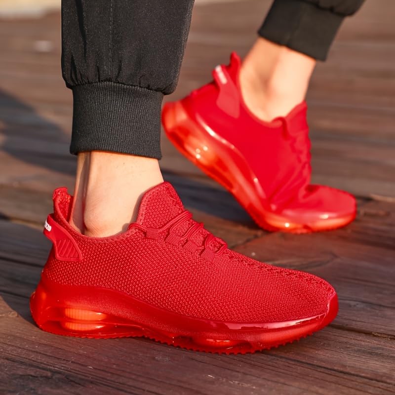 Men's Breathable Knit Sneakers - Casual Lace-Up Running Shoes with Air Cushion, Non-Slip PVC Sole, Fabric Upper, Inner & Insole, Faux Outsole, Solid Color, All-Season4