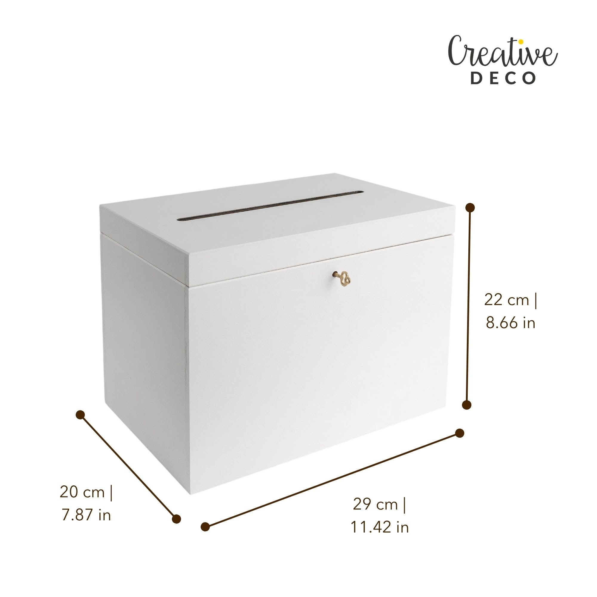 Creative Deco Pudełko Drewniane na Koperty Ślubne Białe | 29 x 20 x 22 cm | Niemalowane Naturalne Drewno | z Pokrywą i Kluczykiem | Skrzynka na Specjalne Okazje, Urodziny, Ślub do Dekoracji