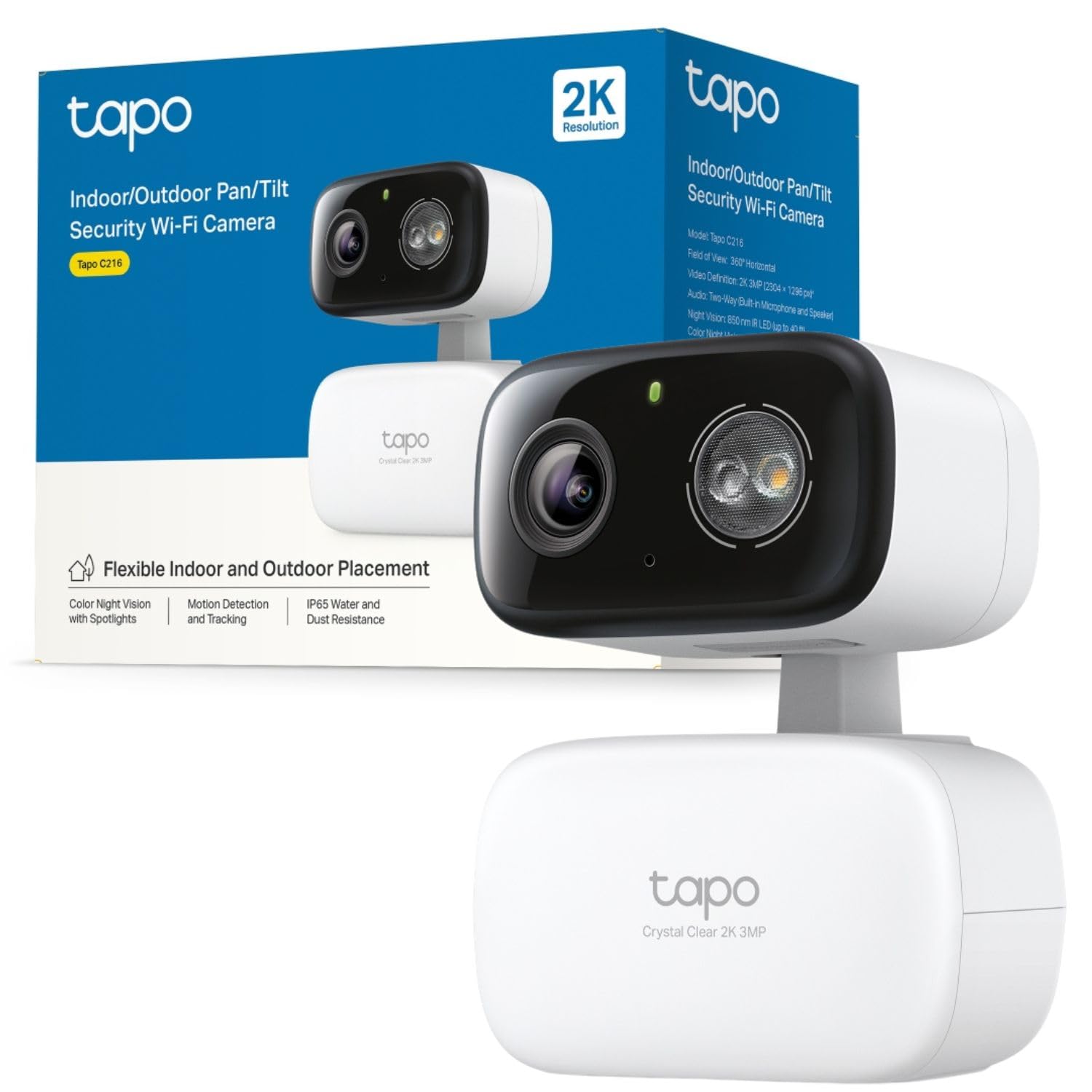 Tapo C216 2K 3MP Telecamera esterna 360 ° Pan/Tilt, Visione notturna a colori IP65, Telecamera di sicurezza WiFi esterna, Rilevamento intelligente AI, Faretti, Telecamere interne Sicurezza domestica