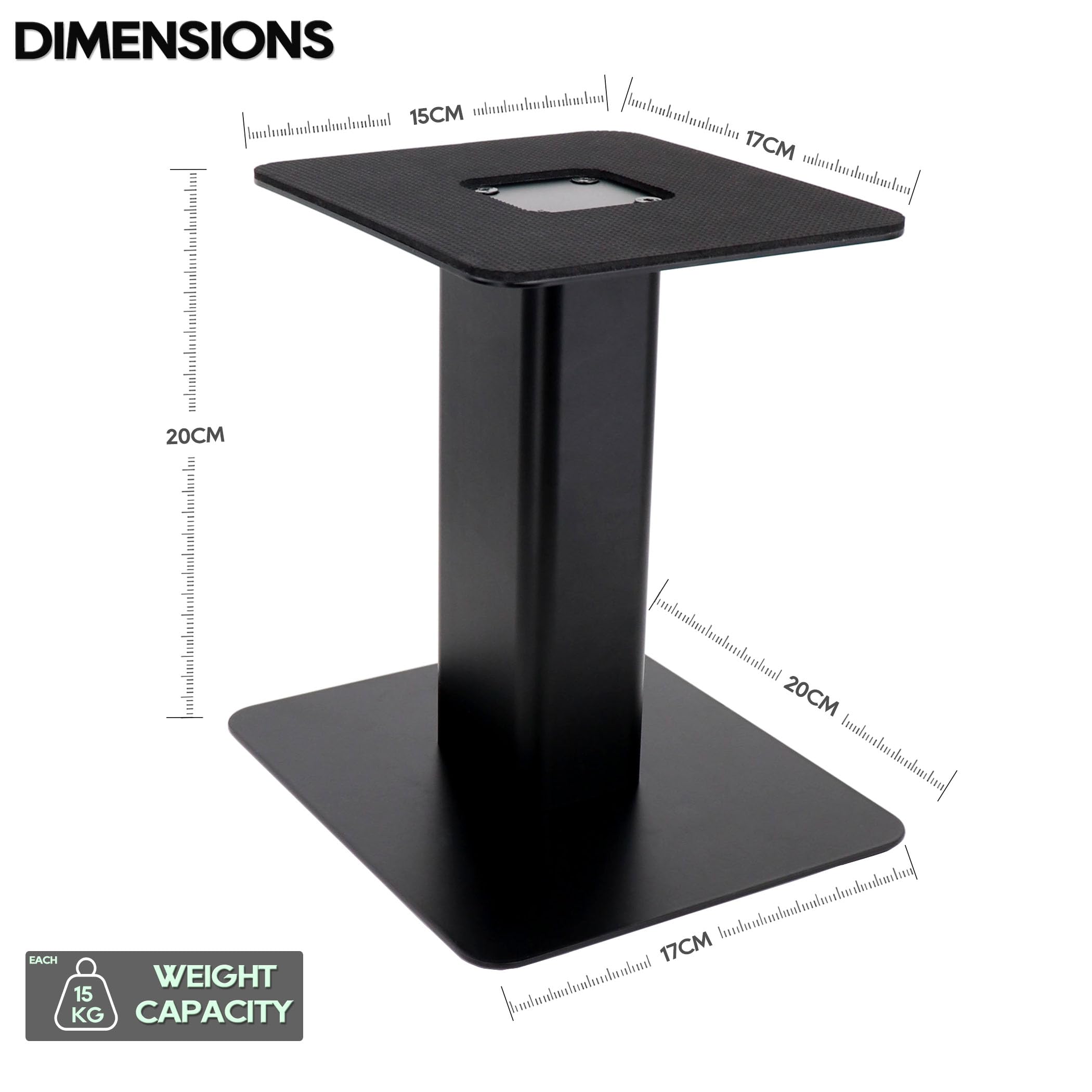 Soportes para altavoces de escritorio (par) – Bandeja de metal resistente de 15 x 17 cm, base plana resistente, canal de enrutamiento de cable oculto, tamaño compacto para altavoz de monitor de 3 a 4